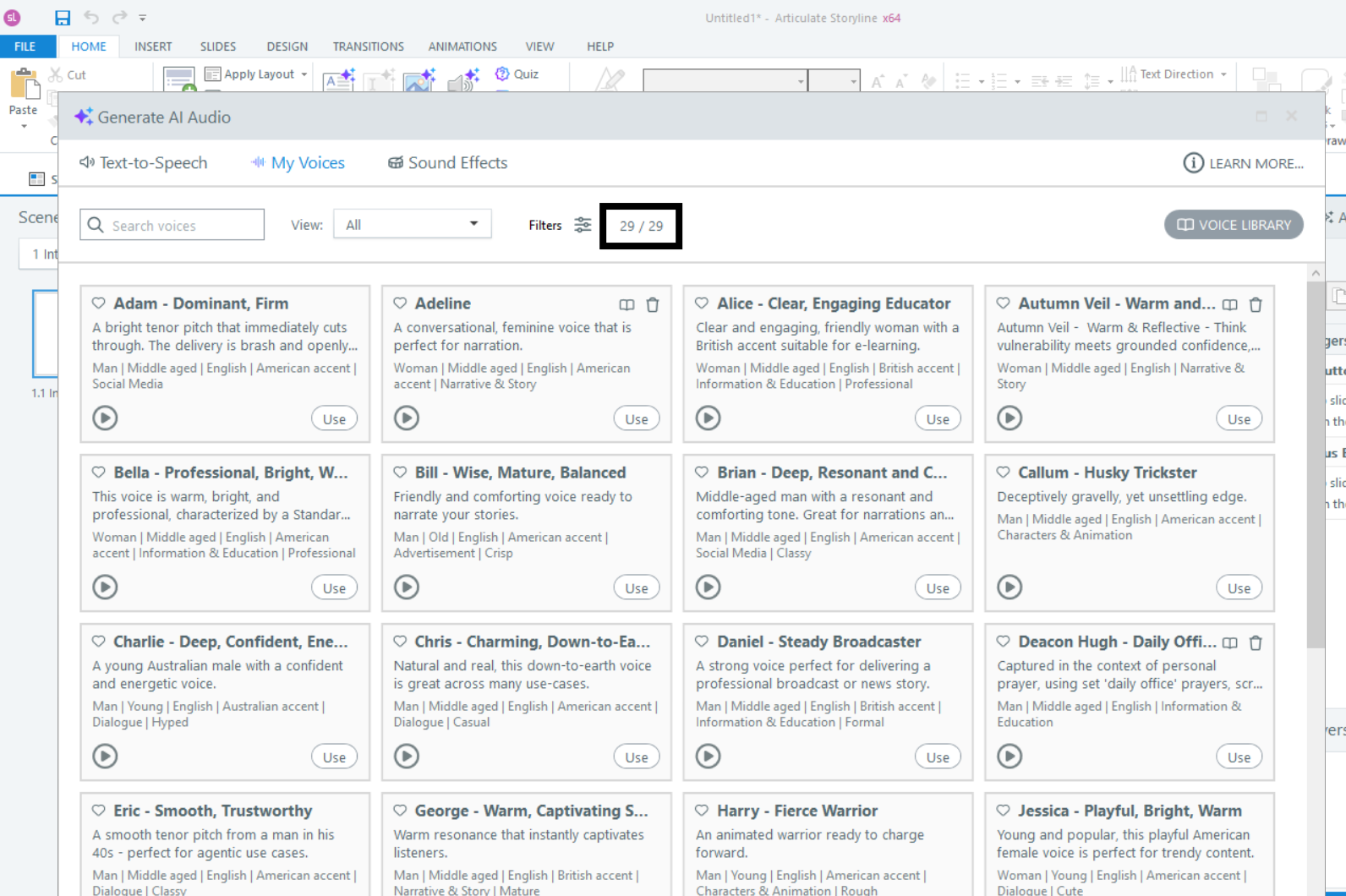 My Voices tab with only 21 built in voices.
