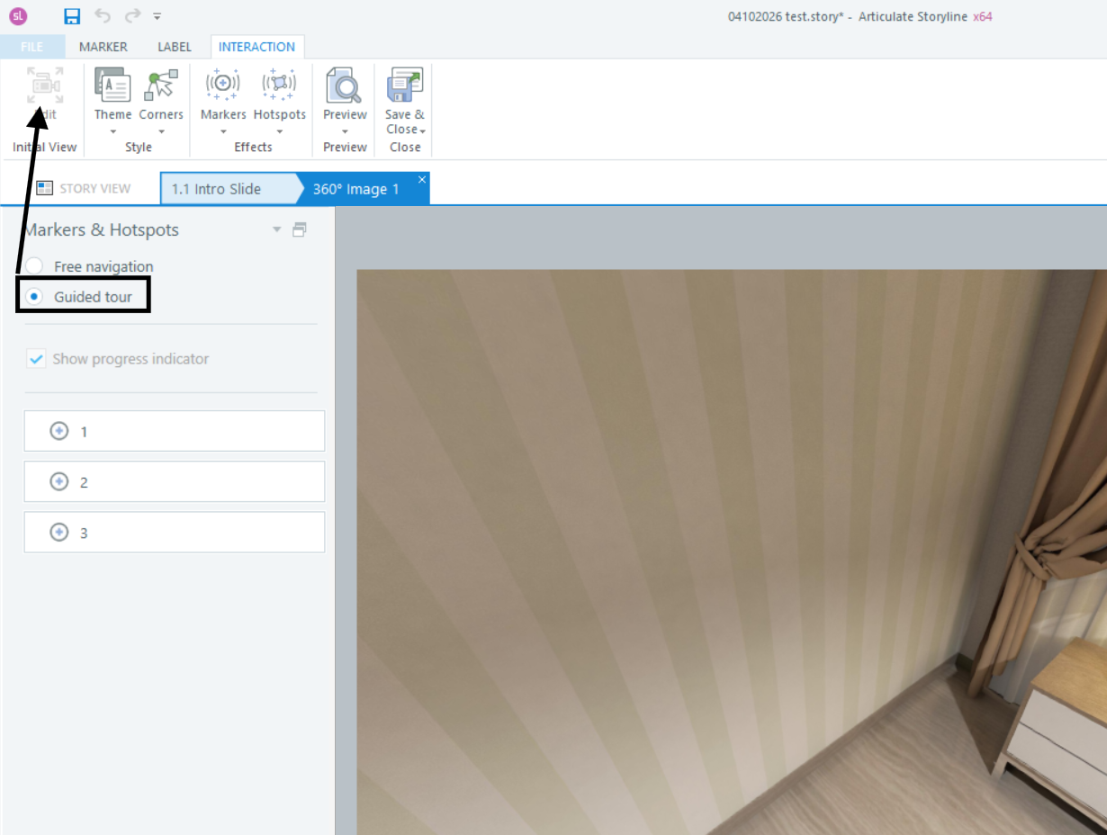 Guided tour mode where Interaction -> Edit is grayed out.