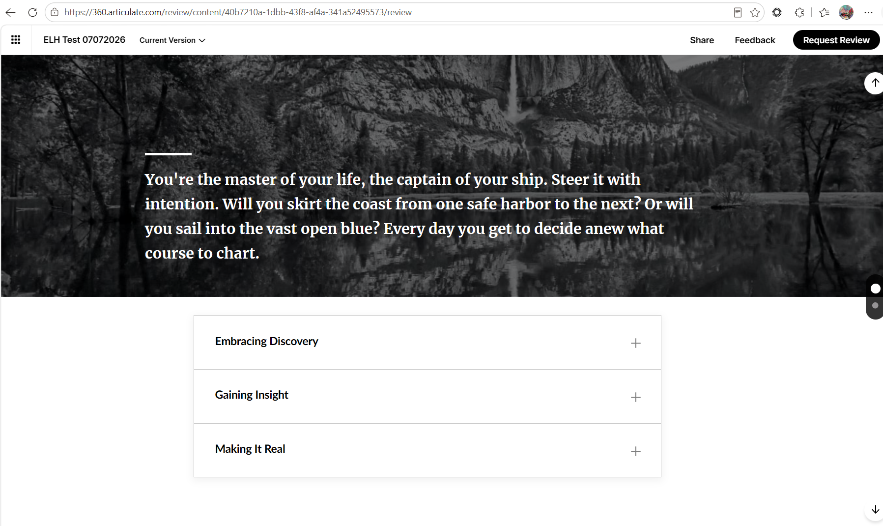 Published to review. Text block with image background, accordion block below.