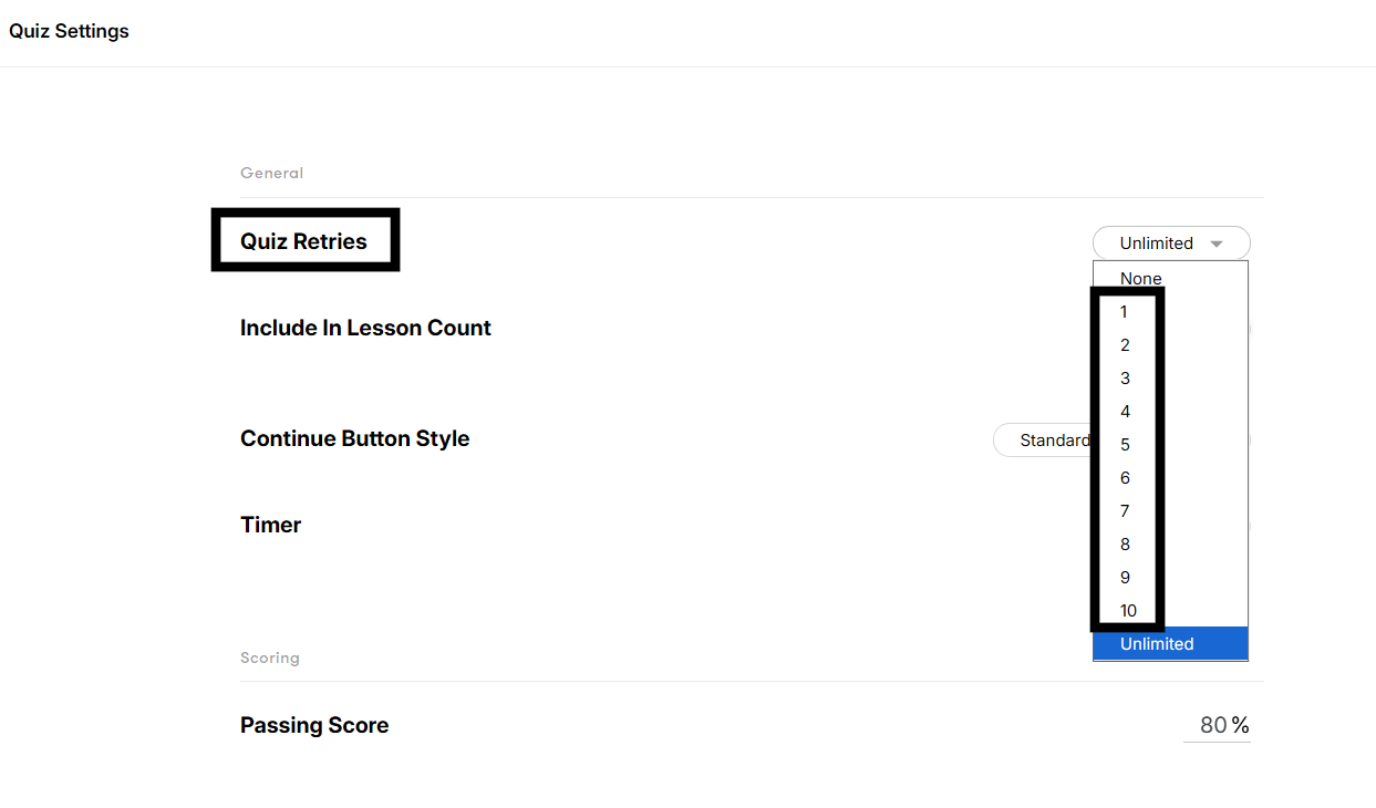 Quiz Retries setting