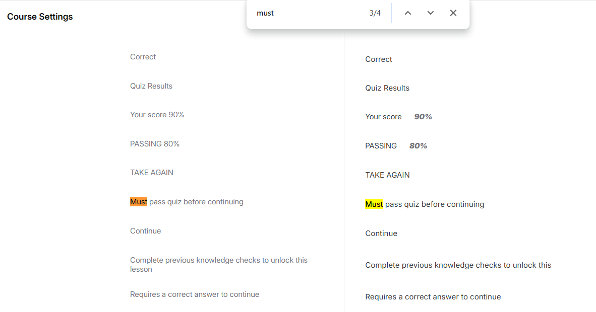 Edit label for "Must pass quiz before continuing"