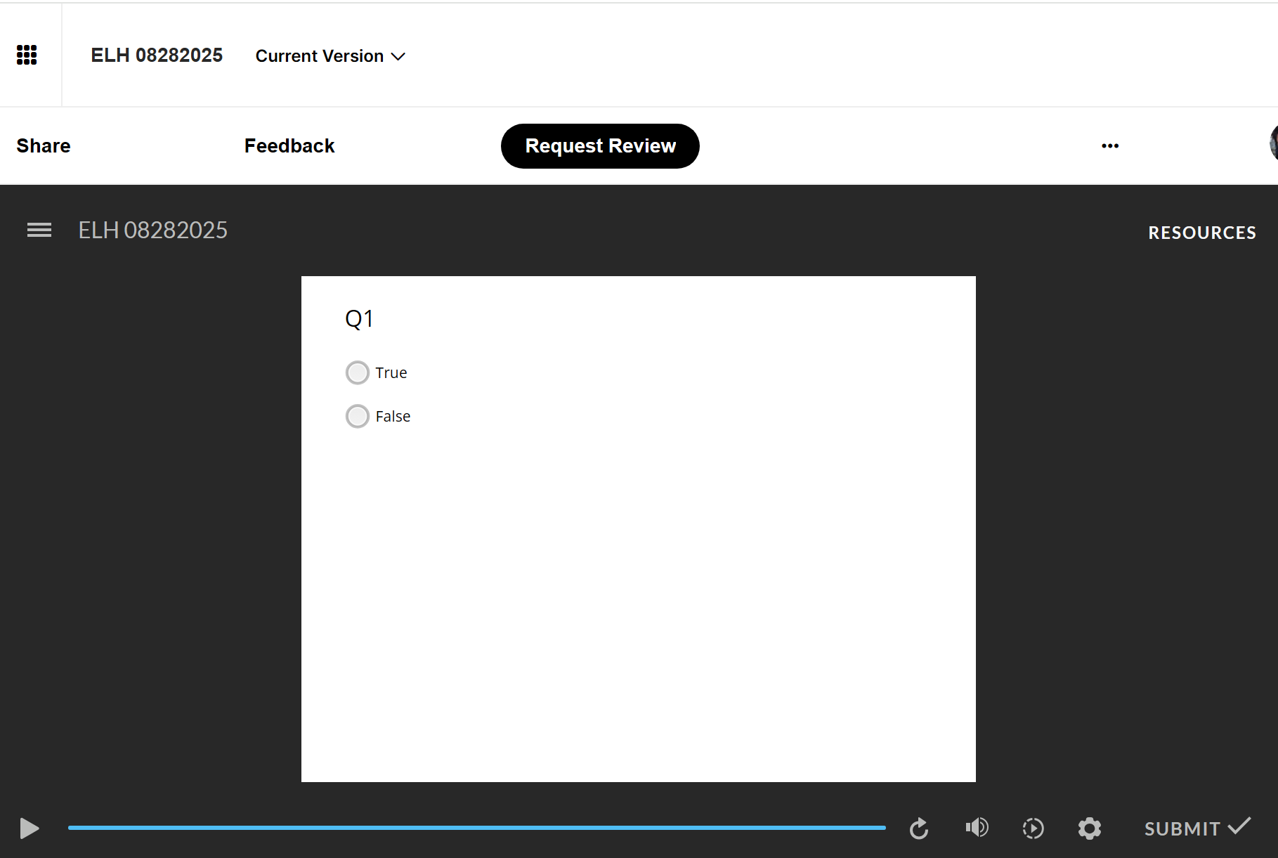 Play/pause button and seekbar are showing as expected with a question bank