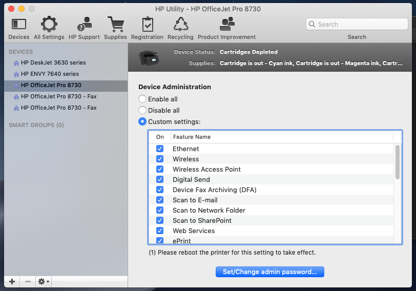 wifi settings locked on my HP Oficejet 
