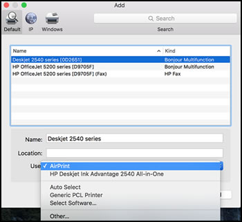Select AirPrint from the Use menu
