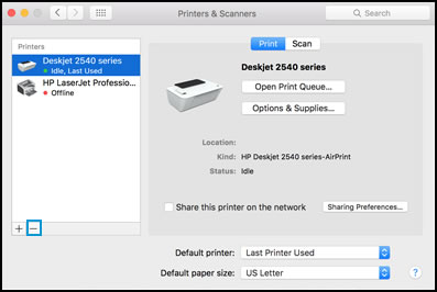 Select printer and click the minus sign