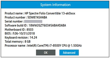 Example of an HP computer system information