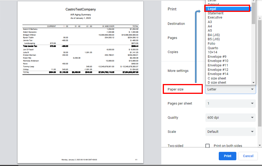 How do you print reports on legal paper