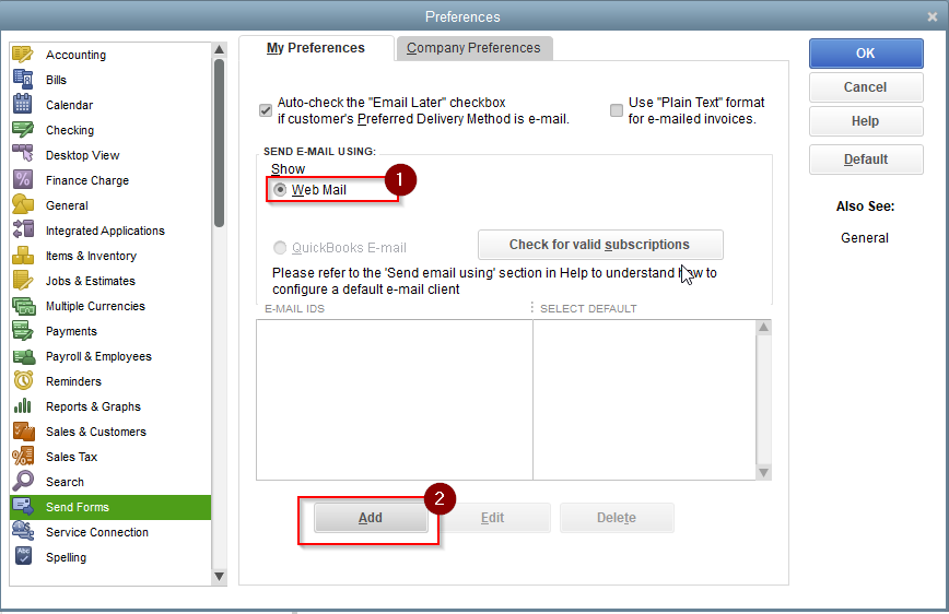 quickbooks send forms preferences not updating