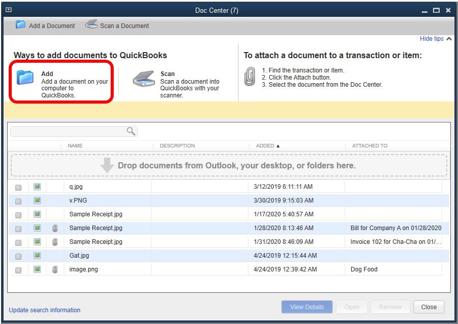 Getting Attachments from Outlook into the Document Center in QuickBooks