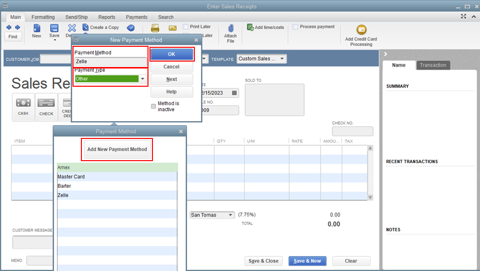 Payment Methods On Enter Sales Receipt