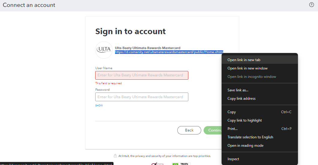 I am trying to link my Ulta credit card, I know I have the correct username  and password, it keeps saying it is not correct any anwers what I can do?