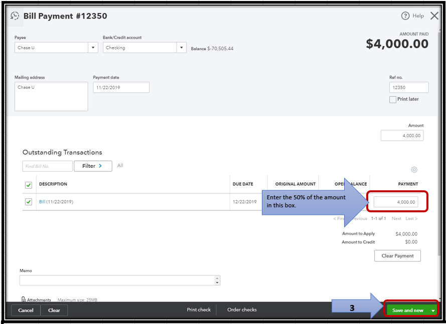 On Cash Basic Account I Just Pay 50 Of Bill How I Record On QB 50 
