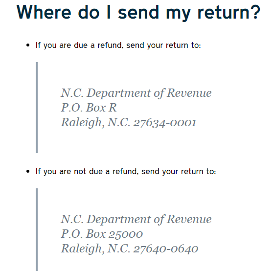 What is the address to Mail my North Carolina state tax