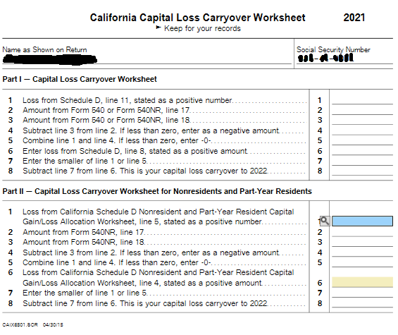 Where to find California capital loss carryover from a prior year