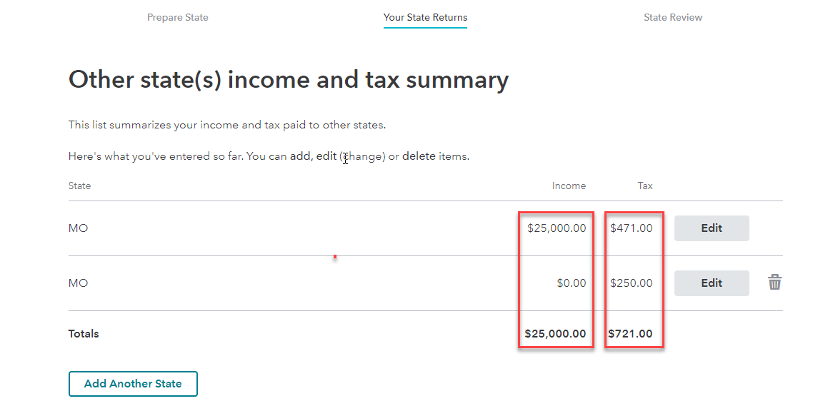 Other state(s) income and tax summary