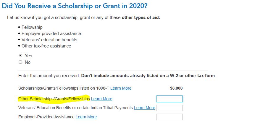 How do I report scholarship funds for Room and Board not included 