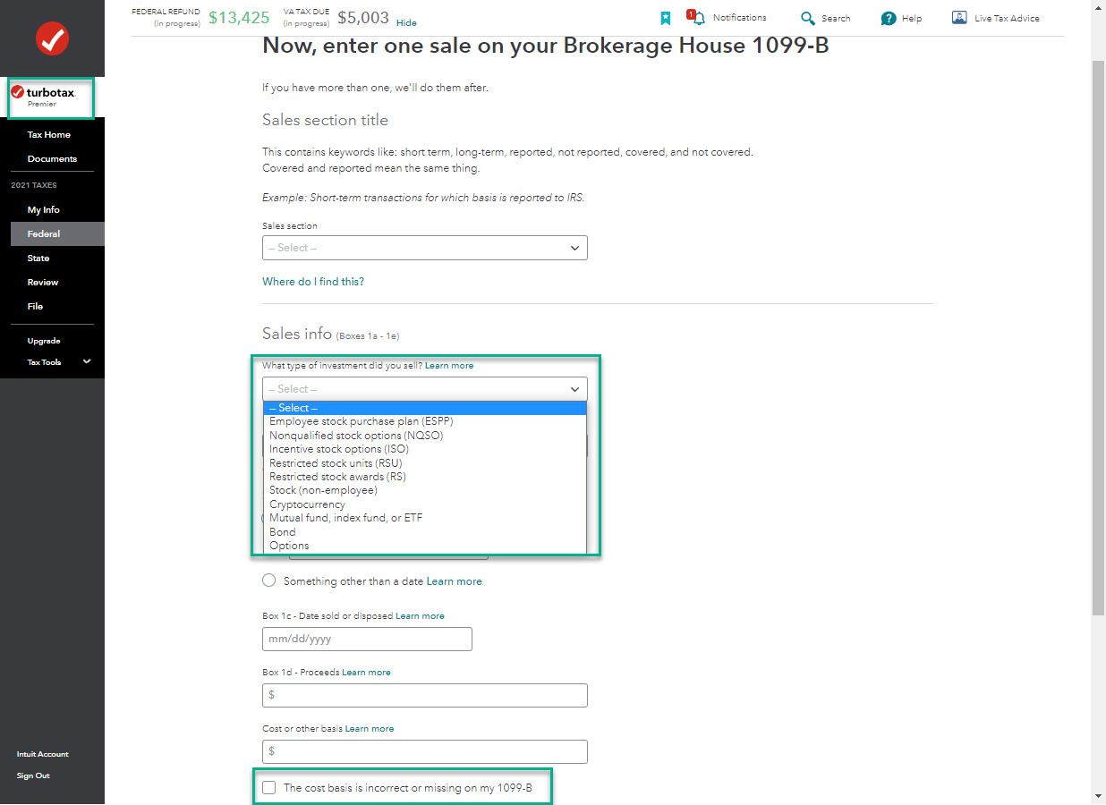 Enter 1099-B employee stock