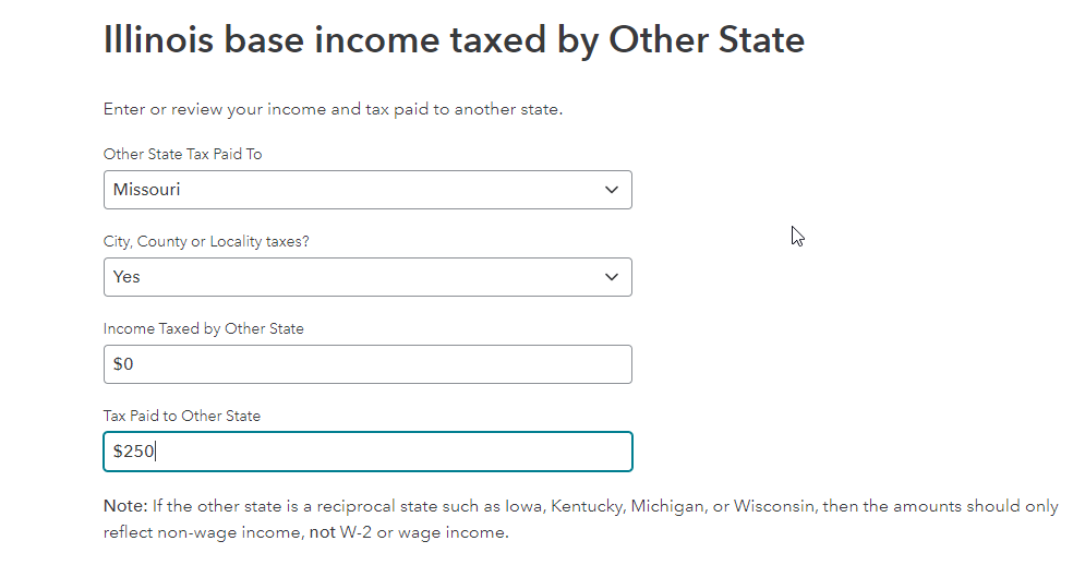 Illinois base income taxed by Other State