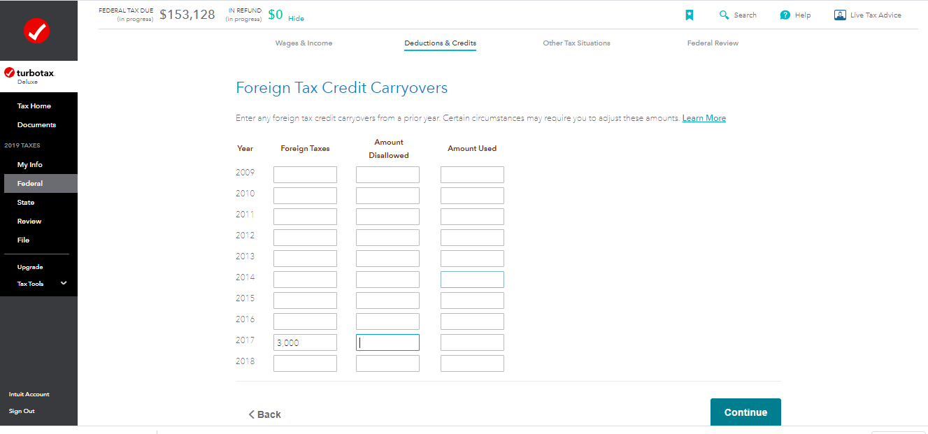 Foreign taxes carryover
