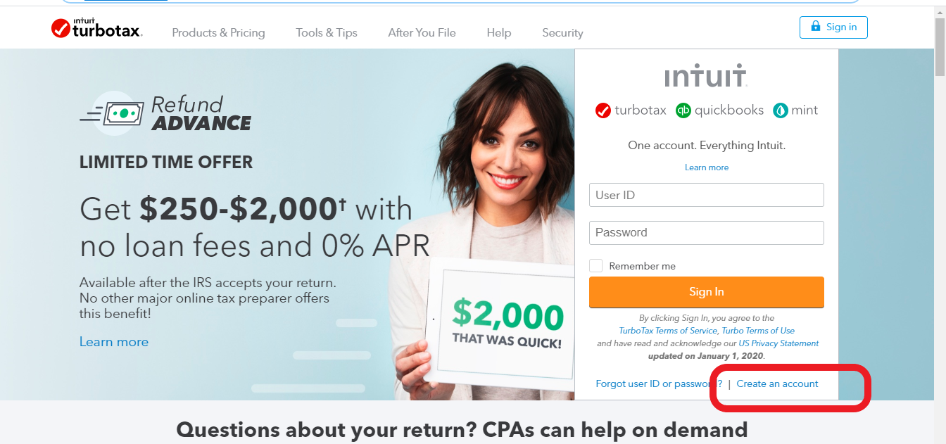Create an account with TurboTax