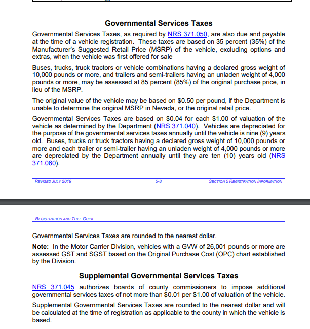 NV auto registration fees