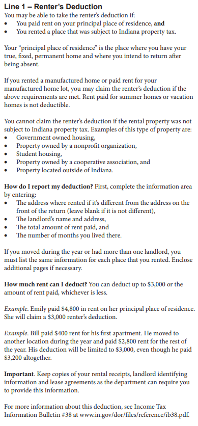 Indiana Renter's Deduction instructions