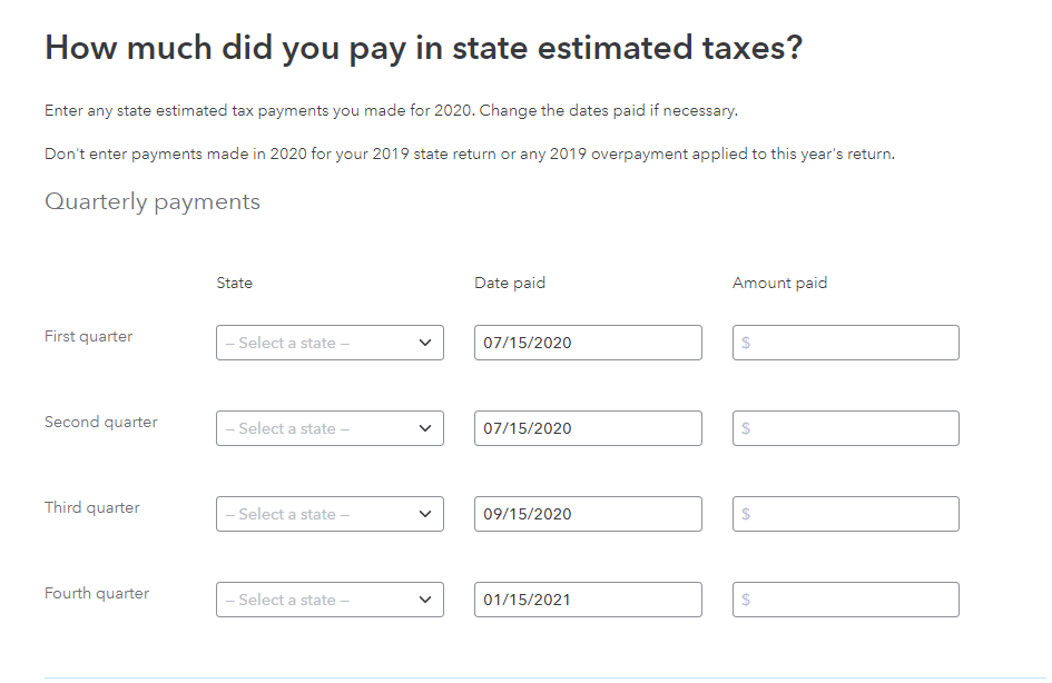 Estimated state payment input