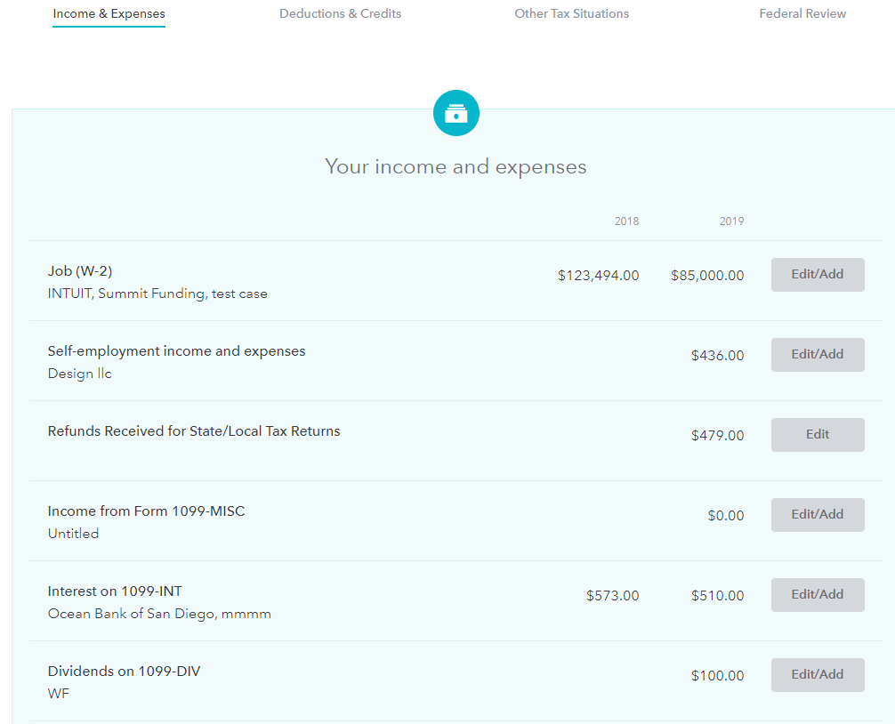 Sample income input